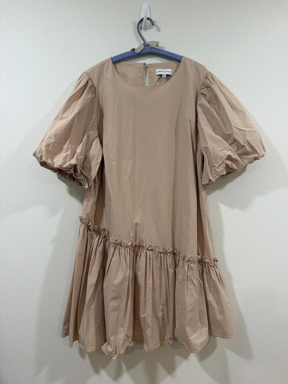 Gibson Latimer Dress Women's Large 100% Cotton Tan Beige Puff Sleeves Ruffle